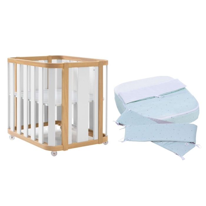 Mini Berço Convertível Alondra Crea Plus Uno Wood | White com Colchão e Têxteis - Alondra - CREAPLUS1-K21-M5011-TX055