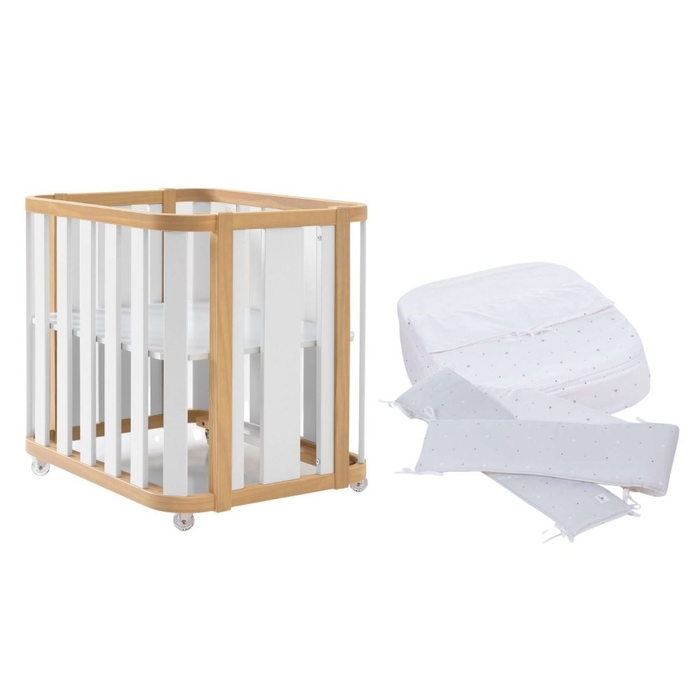 Mini Berço Convertível Alondra Crea Plus Uno Wood | White com Colchão e Têxteis - Alondra - CREAPLUS1-K21-M5011-TX114