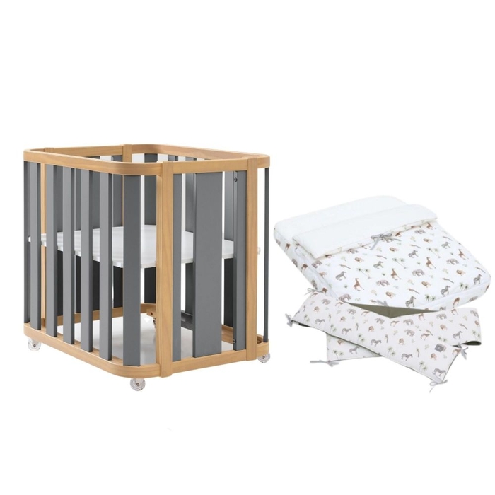 Mini Berço Convertível Alondra Crea Plus Uno Wood | Anthracite com Colchão e Têxteis - Alondra - CREAPLUS1-K21-M5058-TX147