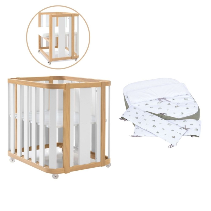 Mini Berço Convertível Alondra Crea Plus Uno Wood | White com Colchão, Kit Co-Sleeping e Têxteis - Alondra - CREAPLUS1-K22-M5011-TX127