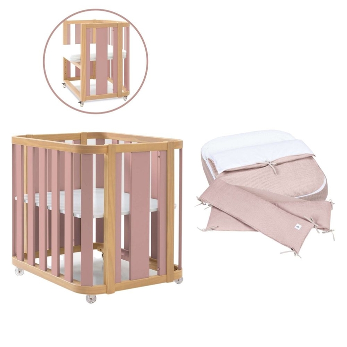 Mini Berço Convertível Alondra Crea Plus Uno Wood | Quartz com Colchão, Kit Co-Sleeping e Têxteis - Alondra - CREAPLUS1-K22-M5059-TX122