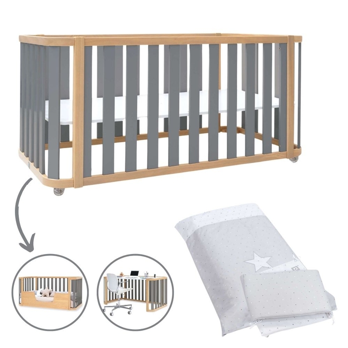 Berço Convertível Alondra Crea Plus Due Wood | Anthracite 3 em 1 com Têxteis - Alondra - CREAPLUS2-K31-M5058-TX114