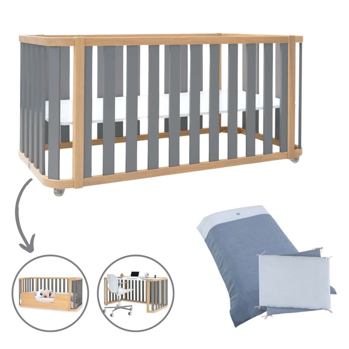 Berço Convertível Alondra Crea Plus Due Wood | Anthracite 3 em 1 com Têxteis - Alondra - CREAPLUS2-K31-M5058-TX121