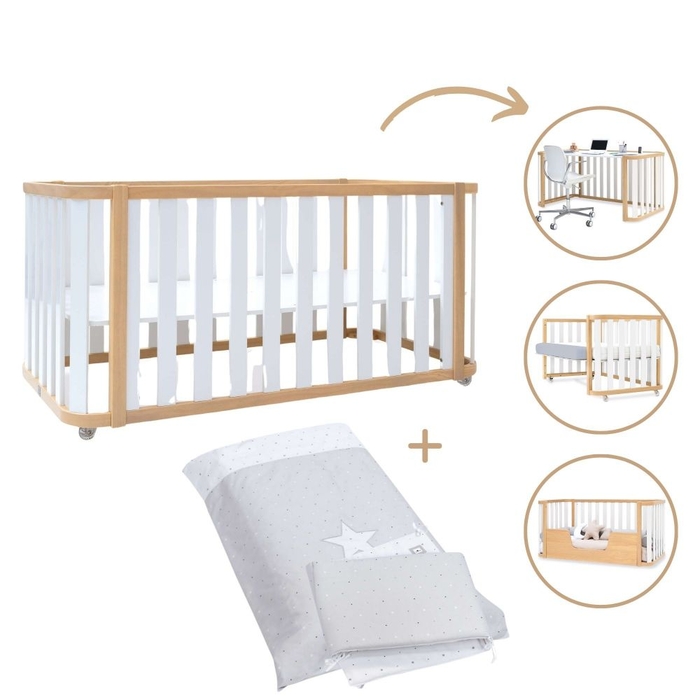 Berço Convertível Alondra Crea Plus Due Wood | White 4 em 1 Com Kit Co-Sleeping e Têxteis - Alondra - CREAPLUS2-K33-M5011-TX114