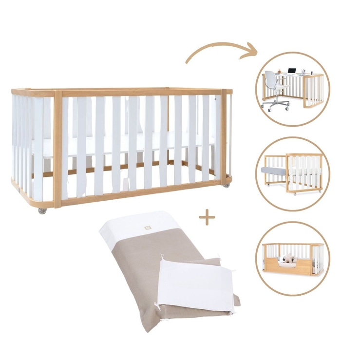 Berço Convertível Alondra Crea Plus Due Wood | White 4 em 1 Com Kit Co-Sleeping e Têxteis - Alondra - CREAPLUS2-K33-M5011-TX153
