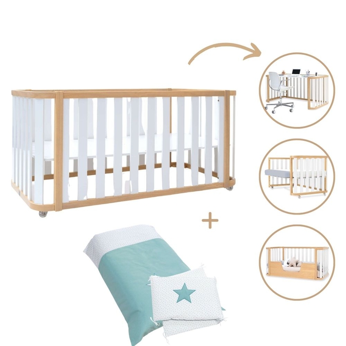 Berço Convertível Alondra Crea Plus Due Wood | White 4 em 1 Com Kit Co-Sleeping e Têxteis - Alondra - CREAPLUS2-K33-M5011-TX181