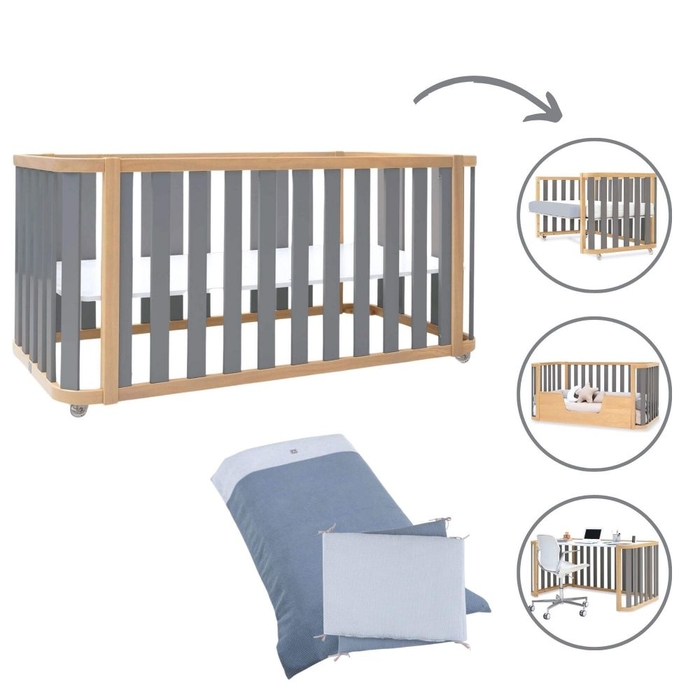 Berço Convertível Alondra Crea Plus Due Wood | Anthracite 4 em 1 Com Kit Co-Sleeping e Têxteis - Alondra - CREAPLUS2-K33-M5058-TX121