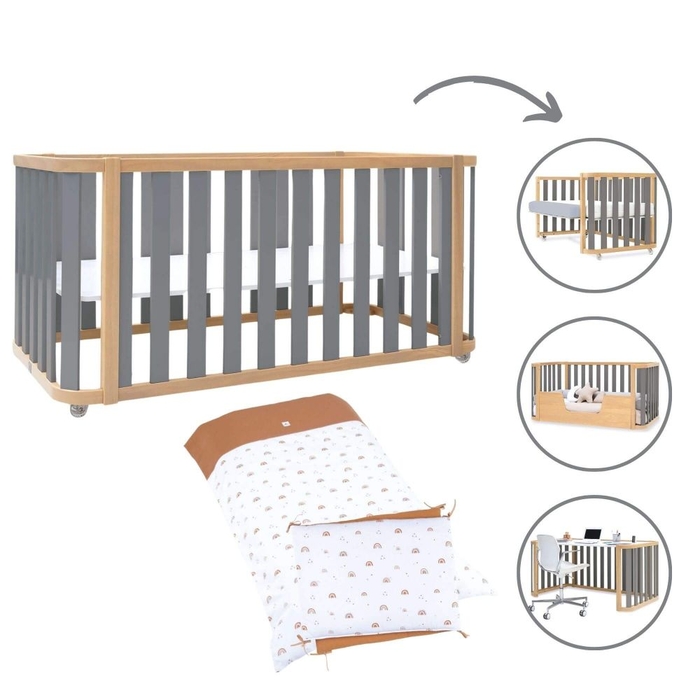 Berço Convertível Alondra Crea Plus Due Wood | Anthracite 4 em 1 Com Kit Co-Sleeping e Têxteis - Alondra - CREAPLUS2-K33-M5058-TX123