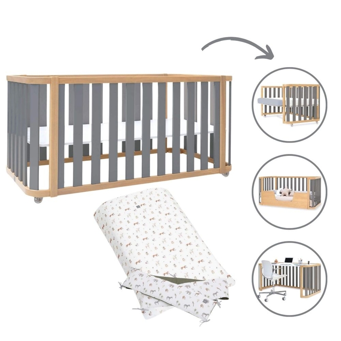 Berço Convertível Alondra Crea Plus Due Wood | Anthracite 4 em 1 Com Kit Co-Sleeping e Têxteis - Alondra - CREAPLUS2-K33-M5058-TX147