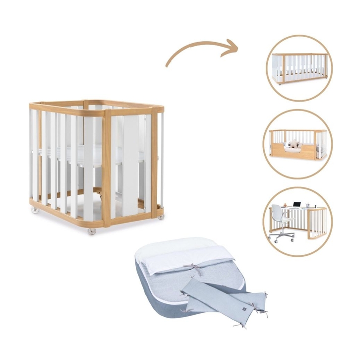 Mini Berço Convertível Alondra Crea Plus Tre Wood | White 4 em 1 com Têxteis Mini Berço - Alondra - CREAPLUS3-K40-M5011-TX121