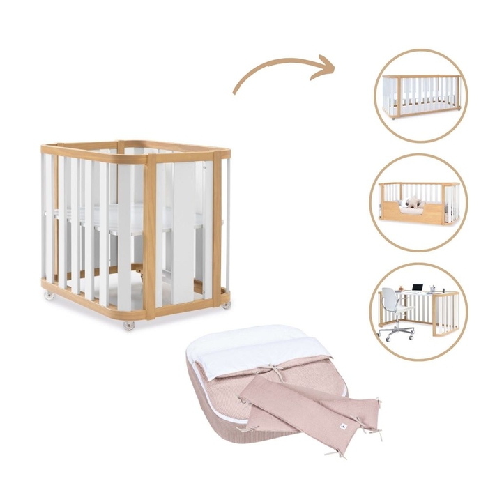 Mini Berço Convertível Alondra Crea Plus Tre Wood | White 4 em 1 com Têxteis Mini Berço - Alondra - CREAPLUS3-K40-M5011-TX122