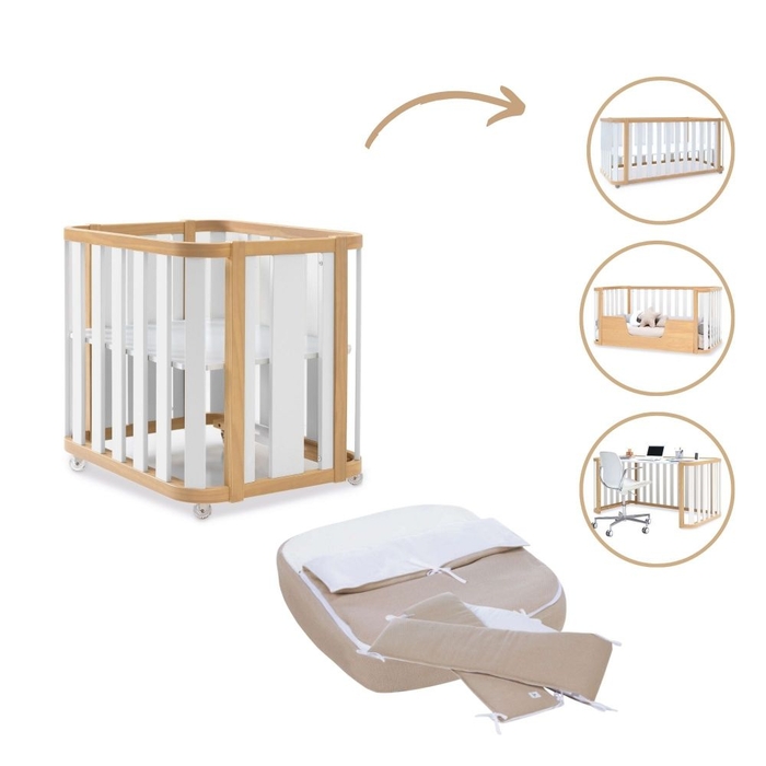 Mini Berço Convertível Alondra Crea Plus Tre Wood | White 4 em 1 com Têxteis Mini Berço - Alondra - CREAPLUS3-K40-M5011-TX153