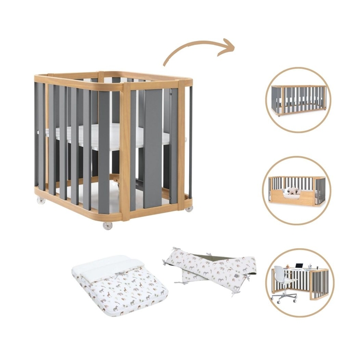 Mini Berço Convertível Alondra Crea Plus Tre Wood | Anthracite 4 em 1 com Têxteis Mini Berço - Alondra - CREAPLUS3-K40-M5058-TX147