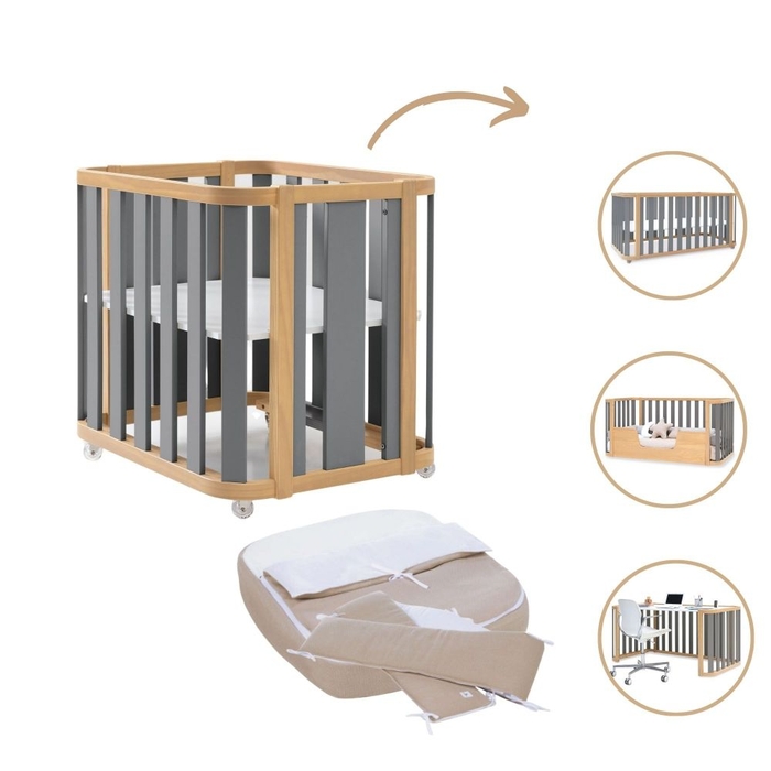 Mini Berço Convertível Alondra Crea Plus Tre Wood | Anthracite 4 em 1 com Têxteis Mini Berço - Alondra - CREAPLUS3-K40-M5058-TX153