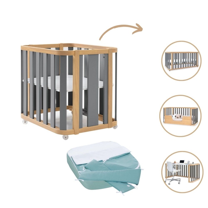 Mini Berço Convertível Alondra Crea Plus Tre Wood | Anthracite 4 em 1 com Têxteis Mini Berço - Alondra - CREAPLUS3-K40-M5058-TX181