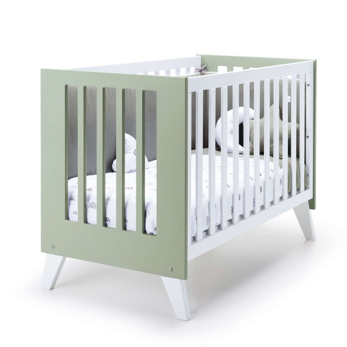 Berço Alondra Nexo Erba | Pinho Lacado 4 em 1 com Colchão, Barra Infantil e Têxteis - Alondra - NEXO-K15-M7756-TX127