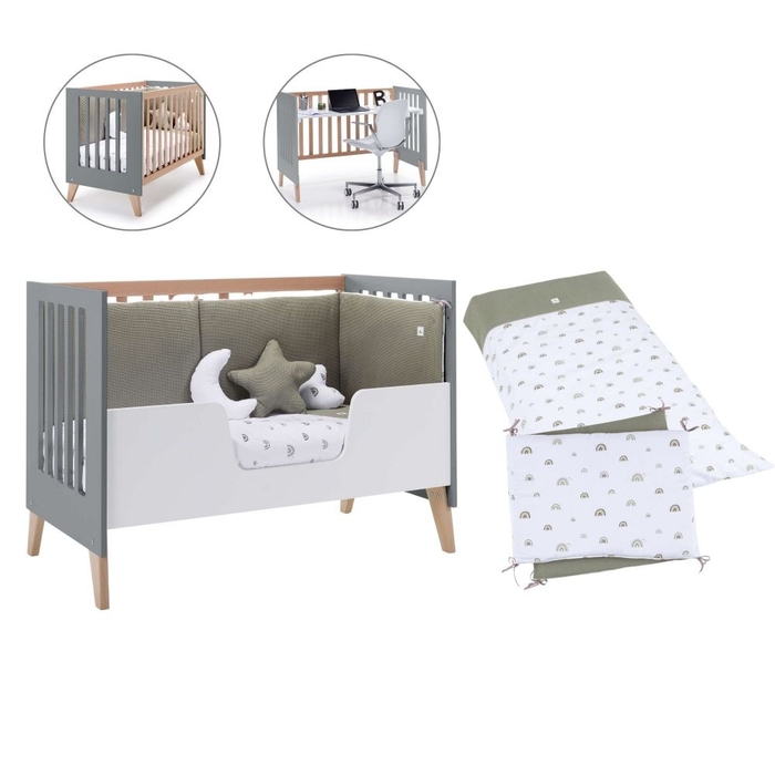 Berço Convertível Alondra Nexor Wood | Anthracite 4 em 1 com Barra Infantil e Têxteis - Alondra - NEXOR-K13-M5895-TX127