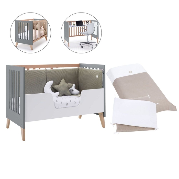 Berço Convertível Alondra Nexor Wood | Anthracite 4 em 1 com Barra Infantil e Têxteis - Alondra - NEXOR-K13-M5895-TX153