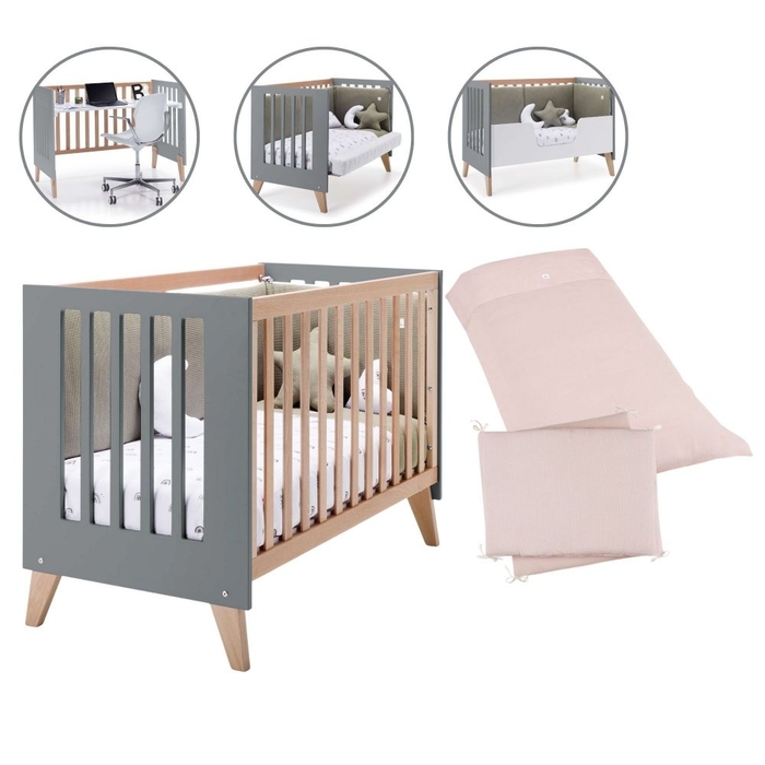 Berço Convertível Alondra Nexor Wood | Anthracite 4 em 1 com Barra Infantil, Kit Co-Sleeping e Têxteis - Alondra - NEXOR-K14-M5895-TX122