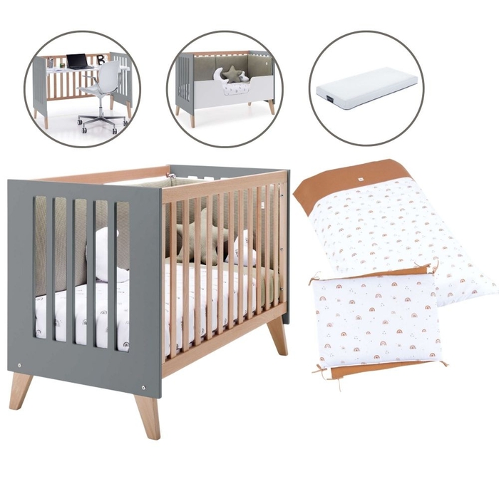 Berço Convertível Alondra Nexor Wood | Anthracite 4 em 1 com Colchão, Barra Infantil e Têxteis - Alondra - NEXOR-K15-M5895-TX123
