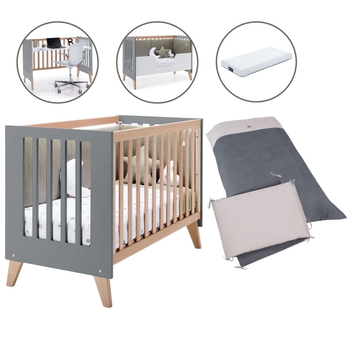 Berço Convertível Alondra Nexor Wood | Anthracite 4 em 1 com Colchão, Barra Infantil e Têxteis - Alondra - NEXOR-K15-M5895-TX128