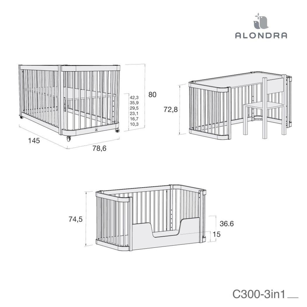 Berço Alondra Crea Due Nomad 3 em 1 com Têxteis - Alondra - CREA2-K31-M5000-TX122