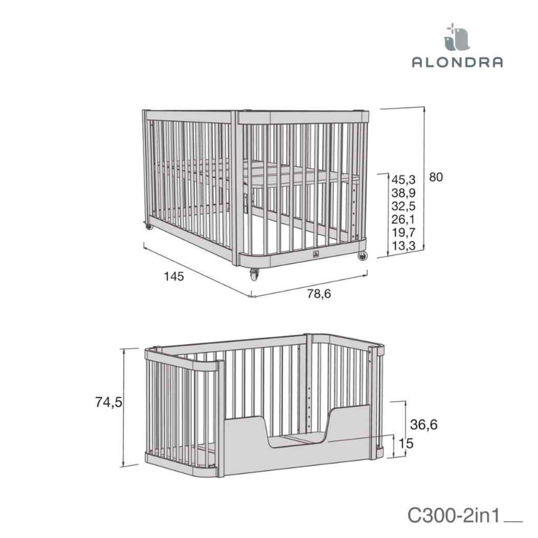 Berço Alondra Crea Due White 3 em 1 com Kit Co-Sleeping e Têxteis - Alondra - CREA2-K33-M1100-TX128