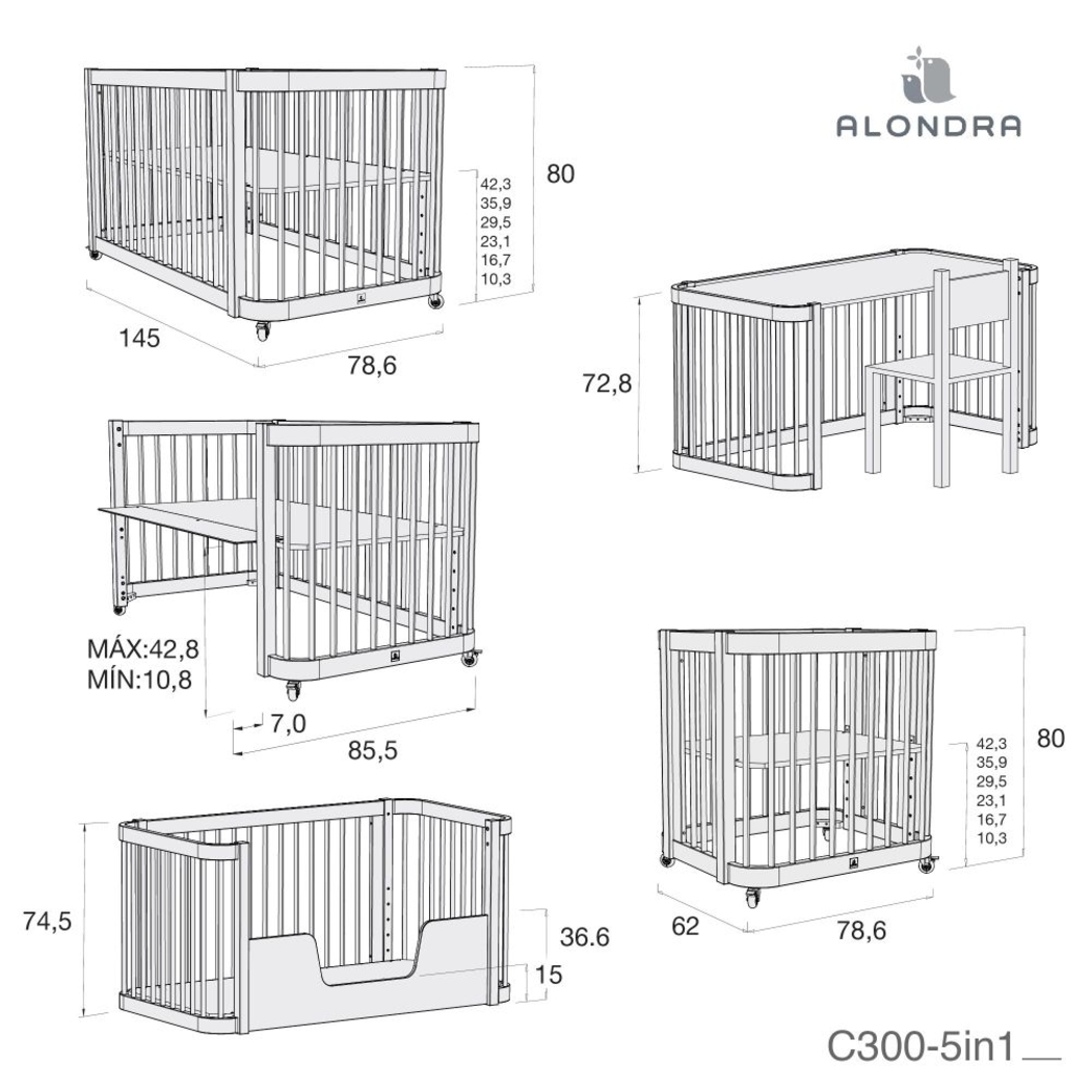 Berço Alondra Crea Due Nomad 3 em 1 com Colchão e Têxteis - Alondra - CREA2-K35-M5000-TX128