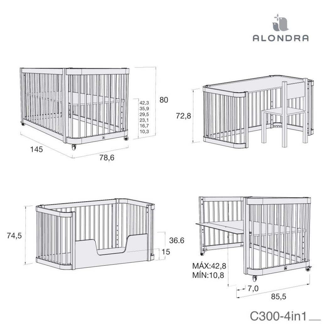 Berço Alondra Crea Due White 3 em 1 com Colchão, Kit Co-Sleeping e Têxteis - Alondra - CREA2-K36-M1100-TX121