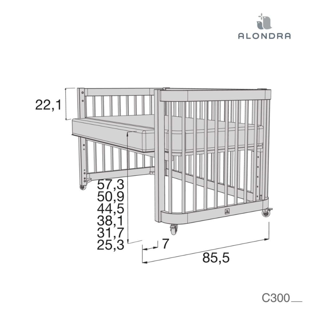 Berço Alondra Crea Due Nomad 3 em 1 com Colchão, Kit Co-Sleeping e Têxteis - Alondra - CREA2-K36-M5000-TX122