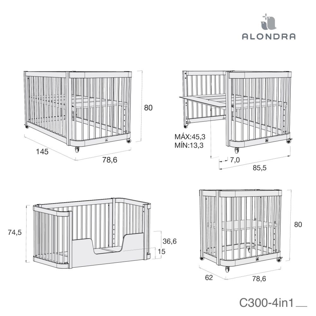Berço Alondra Crea Tre Nomad 4 em 1 com Edredão e Protetor - Alondra - CREA3-K41-M5000-TX128
