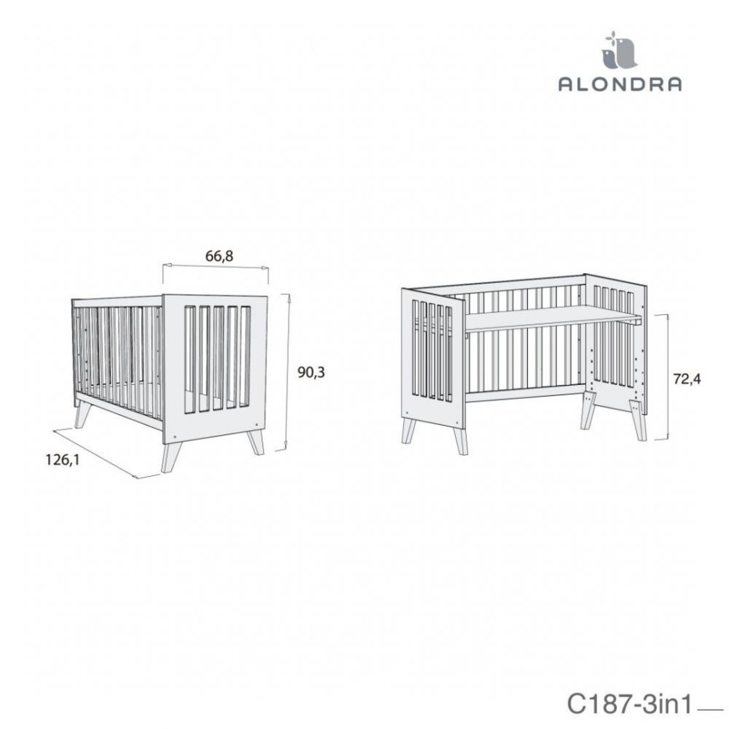 Berço Alondra Nexo White | Pinho Lacado 4 em 1 com Colchão, Barra Infantil e Têxteis - Alondra - NEXO-K15-M7700-TX178