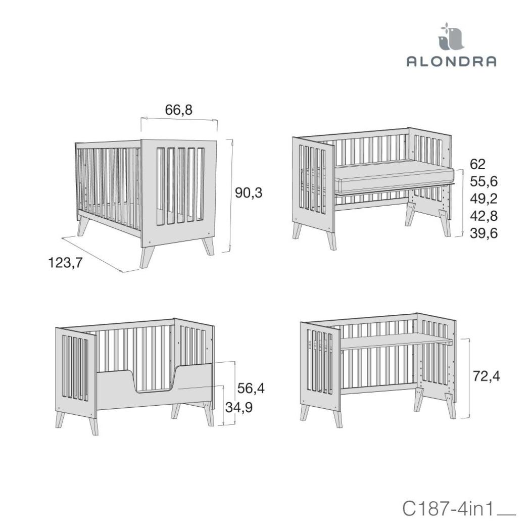 Berço Convertível Alondra Nexor Wood | Anthracite 4 em 1 com Barra Infantil, Kit Co-Sleeping e Têxteis - Alondra - NEXOR-K14-M5895-TX122