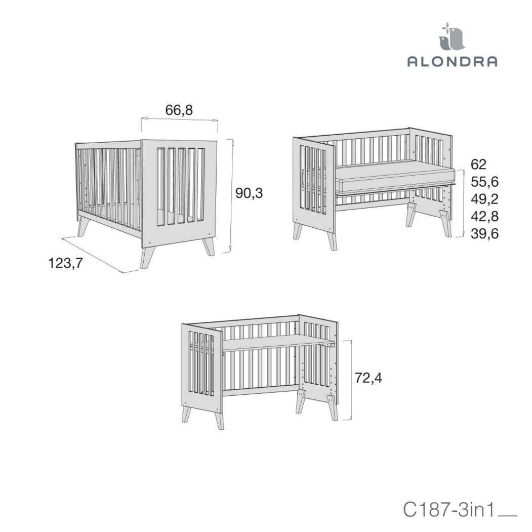 Berço Convertível Alondra Nexor Wood | Anthracite 4 em 1 com Barra Infantil, Kit Co-Sleeping e Têxteis - Alondra - NEXOR-K14-M5895-TX122