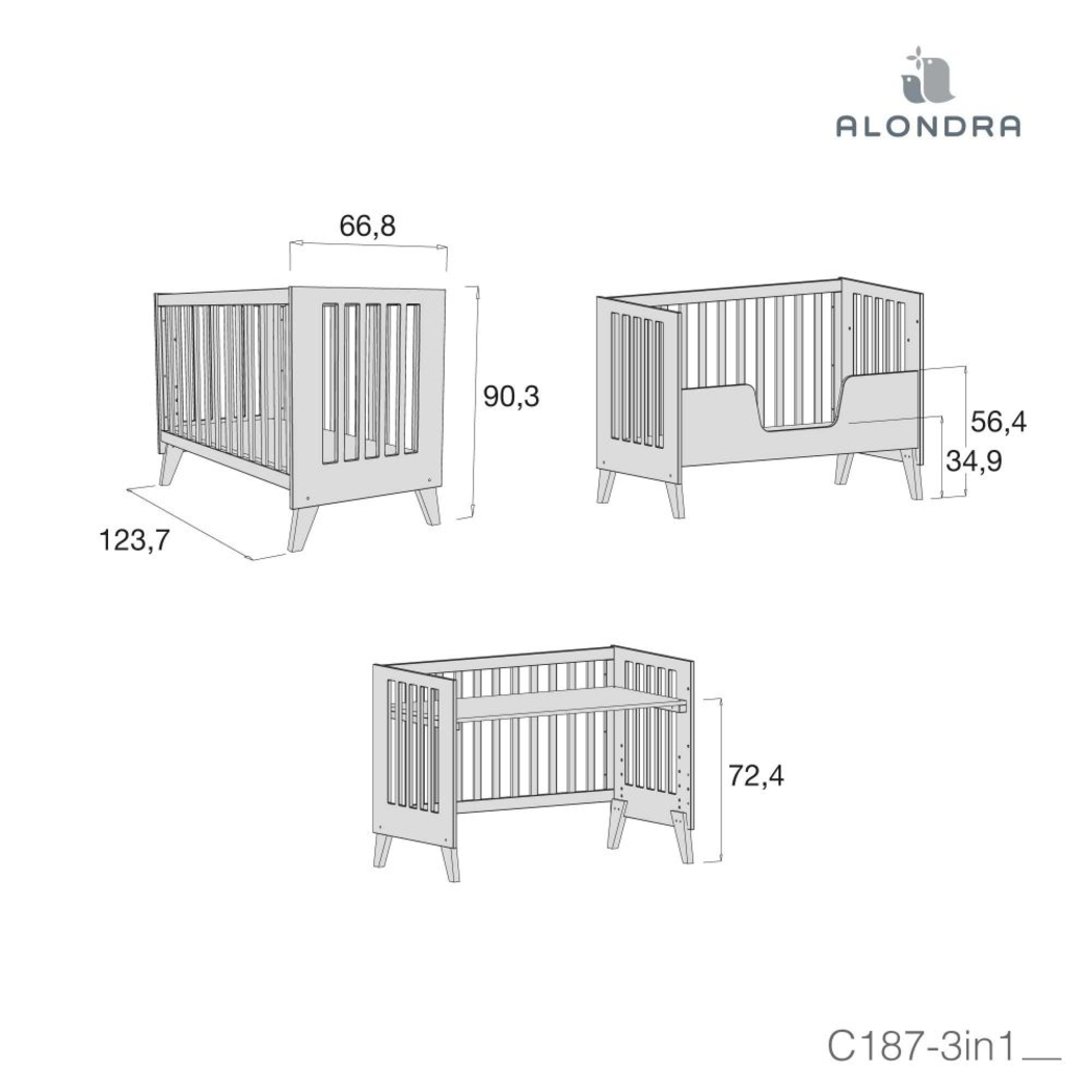 Berço Convertível Alondra Nexor Wood | Anthracite 4 em 1 com Barra Infantil, Kit Co-Sleeping e Têxteis - Alondra - NEXOR-K14-M5895-TX122