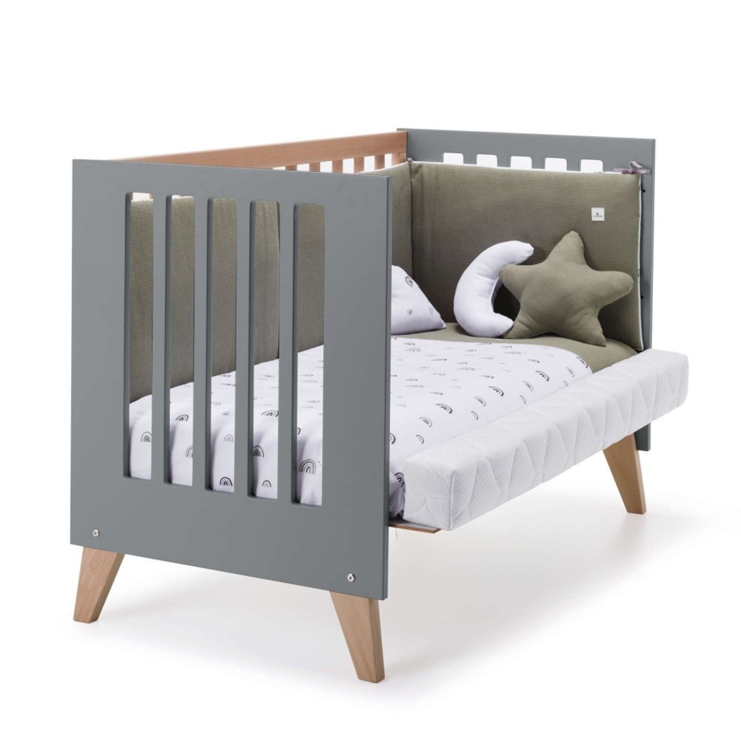 Berço Convertível Alondra Nexor Wood | Anthracite 4 em 1 com Colchão, Barra Infantil, Kit Co-Sleeping e Têxteis - Alondra - NEXOR-K16-M5895-TX148