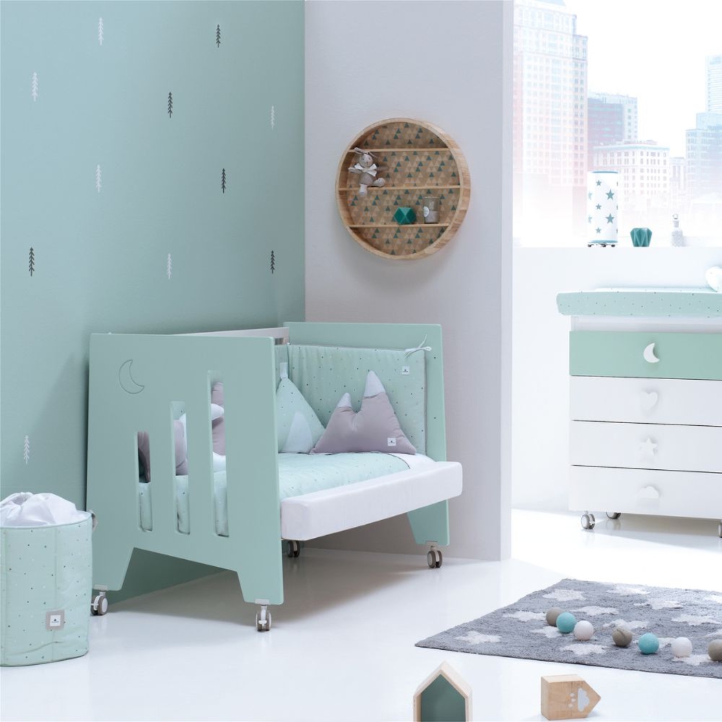 Berço Alondra Omni Mint 5 em 1 com Colchão, Barra Infantil, Kit Co-Sleeping e Têxteis - Alondra - OMNI-K16-M7755-TX178